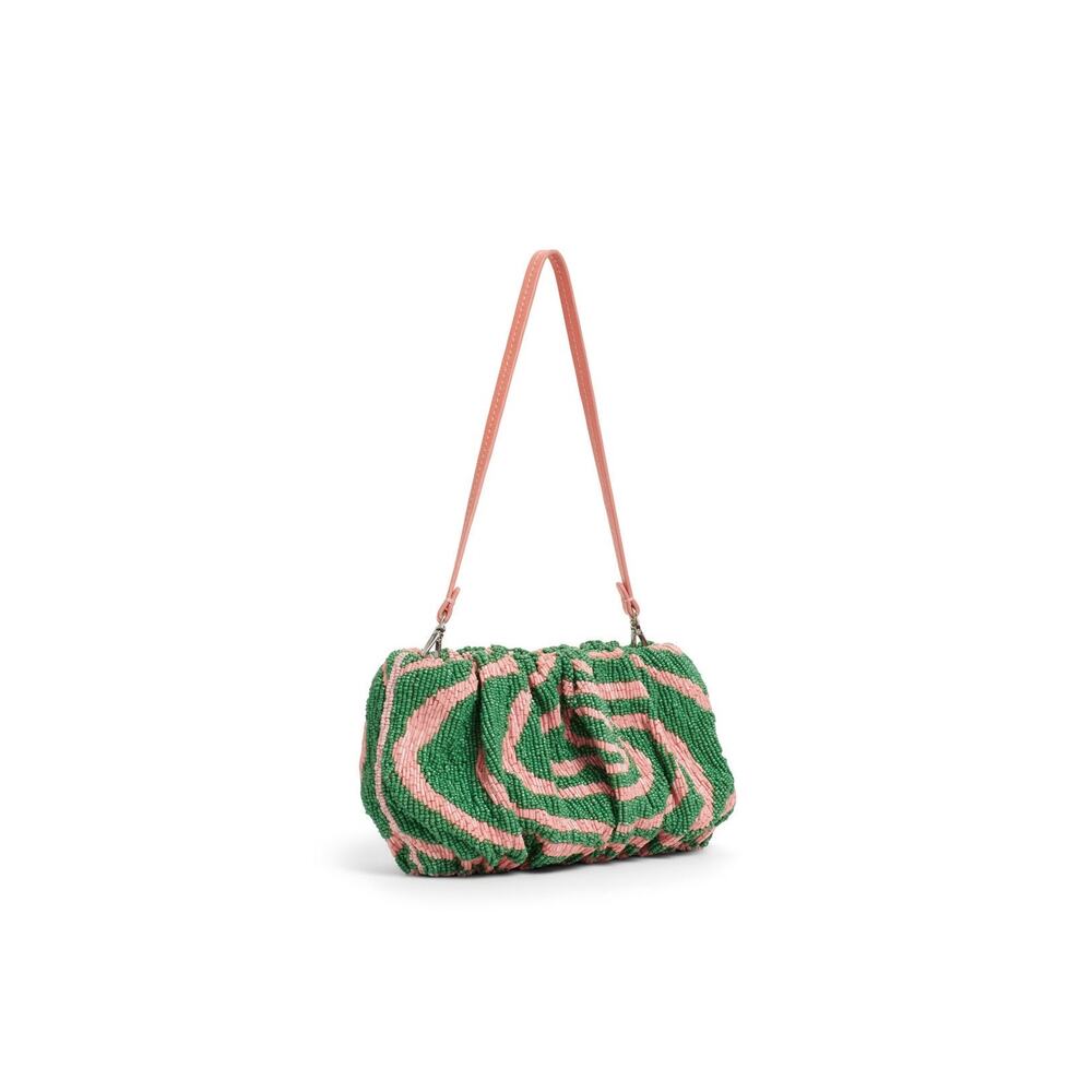 STAUD Pink Green Swirl Psychedelic Beaded Patterned Bean Convertible Bag Purse - Picture 2 of 11